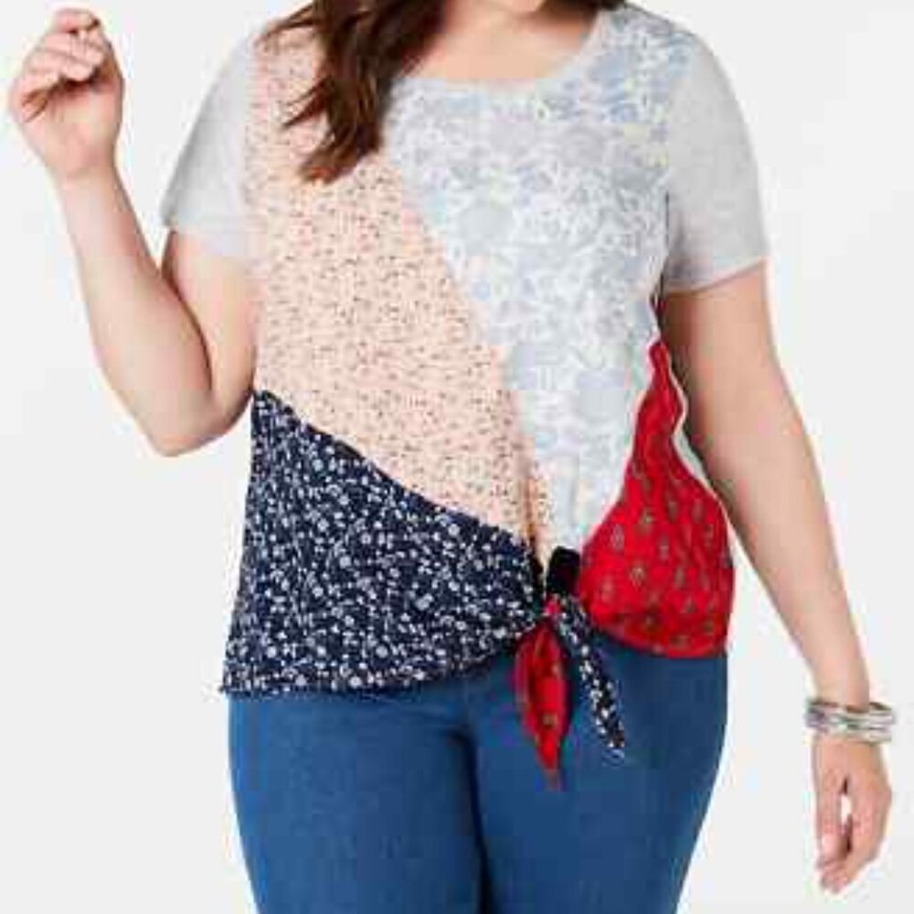 Style & Co Mixed-Print (Patchwork) Side-Tie Short Sleeve Shirt in Size 3X